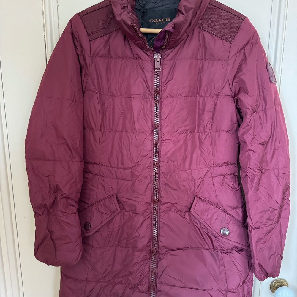 Coach Long Down Puffer Coat Burgundy XS